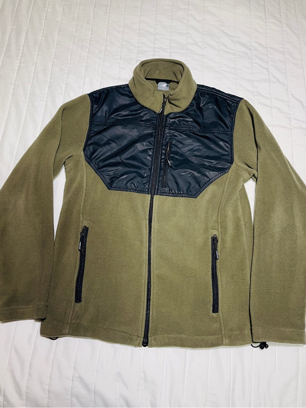 New Balance Olive Green Fleece Jacket with Black Quilted Chest